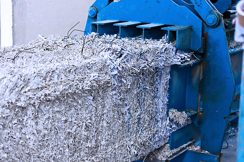 Nachhaltige Papierverarbeitung und Recycling bei der Conzella – Mit Leidenschaft zum Buch. Das Bild zeigt den blauen Papierschredder und -Komprimierer aus Stahl, der einen kompakten Papierblock zur Wiedernutzung ausgibt.